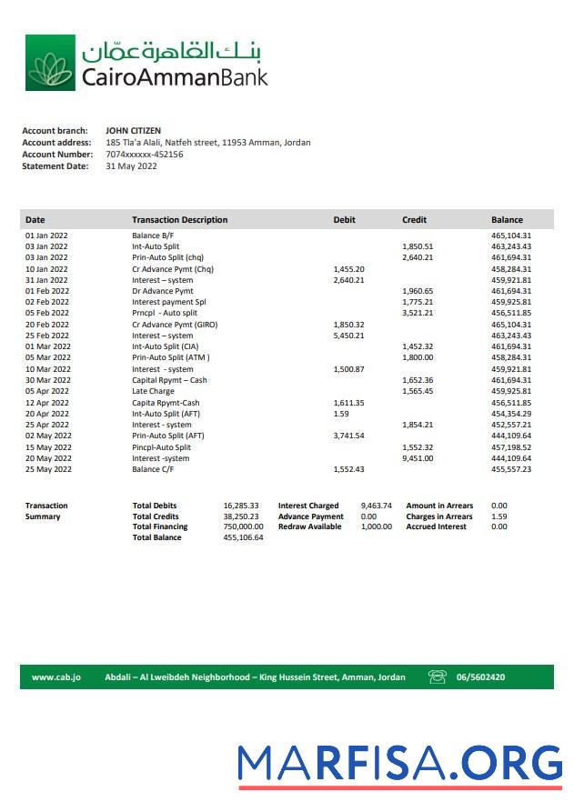 Printable Jordan Cairo Amman bank statement word sample